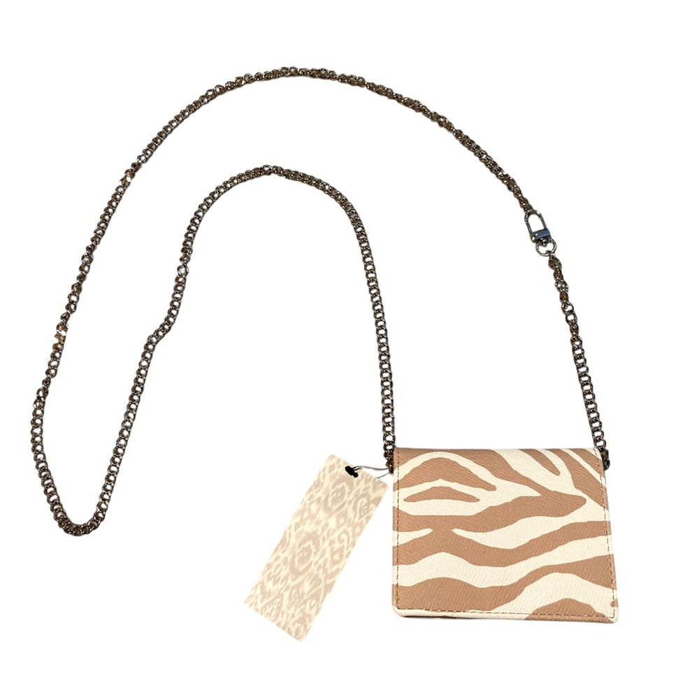 Chico’s Graphic Zebra Wallet Crossbody White & Tan Leather Print Gold Chain NWT